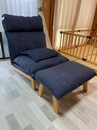 無印良品　ハイバックリクライニングソファ　デニム　オットマン付