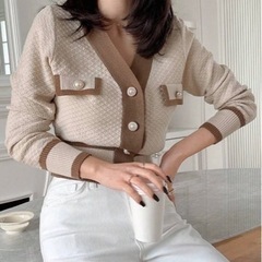 ☆DAZY ☆🤎対比カラー ボタン付き カーディガン L🤎の画像