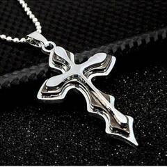 J2-3★黒鋼クロス三層ブラックメタル十字架 プラチナ仕上 925シルバーネックレス誕生日プレゼント連休夏祭盆ギフト国内発送の画像