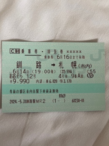 釧路→札幌　おおぞら特急券　指定席　送料込み