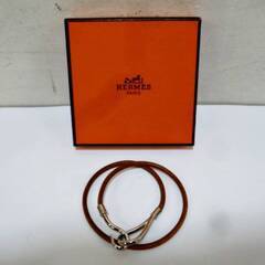 エルメス　ジャンボ ブレスレット　チョーカー　箱付き　シルバー　2連 ブラウン レザー×金属素材　アクセサリー 　HERMES