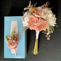 【美品】ウェディングブーケ　ブートニア付　くすみピンク　ローズ　結婚式　前撮りの画像