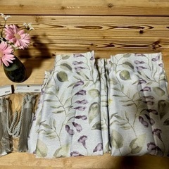 【美品】2枚組*厚地遮光カーテン*ナチュラル植物柄*幅100cm...