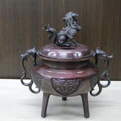 香炉 大和型獅子蓋 小 銅製 特色 高さ17㎝ みやこ灰付き 伝統工芸 元箱無し 苫小牧西店の画像