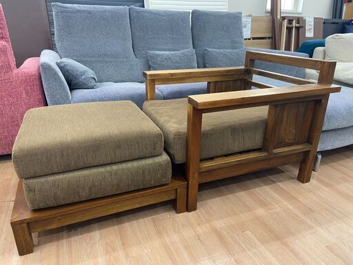 ▼値下げ▼チーク無垢材 １人掛けソファ オットマン付き 参考価格138,600円 ?自社配送時?代引き可?※現金、クレジット、スマホ決
