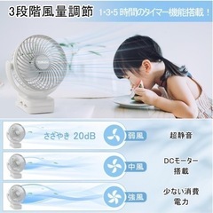 【新品未使用】① 卓上扇風機 クリップ USB充電式 小型 リモコン タイマー付き LEDライト モバイルバッテリー 静音 強風 風量3段階 360度角度調整 ミニ サーキュレーター コンパクト キャンプ 車用 アウトドア 吊り下げ デスク ホワイトの画像