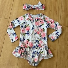花柄ジップアップ長袖伸縮性ワンピース水着☆ヘアバンド付き☆
