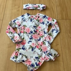 花柄ジップアップ長袖伸縮性ワンピース水着☆ヘアバンド付き☆の画像