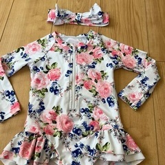 花柄ジップアップ長袖伸縮性ワンピース水着☆ヘアバンド付き☆の画像