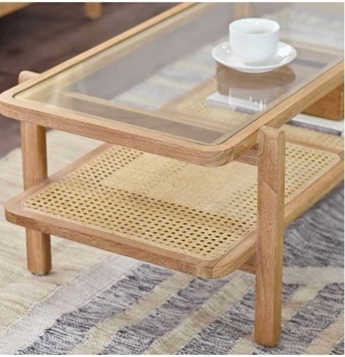 ローテーブル　ガラス　ラタン