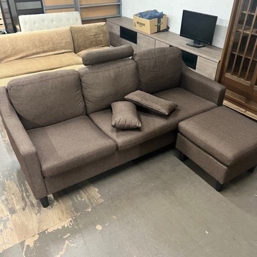 超特化品！激安出品！第1段！L字ソファー　ブラウン　破格出品　早い者勝ち　1点限り　オットマン付き　3人掛け　脚付き　脚外し可能　ファブリックソファー　カウチソファ ソファ ソファー カウチ