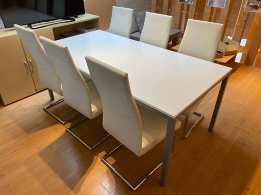 【美品】ダイニングテーブルセット180cm 会議机 本革椅子6脚