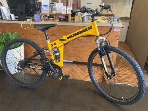【HUMMER 折りたたみMTB前後タイヤ・チューブ新品！】前後サスペンション付き　3×6速　26インチマウンテンバイク　イエロー