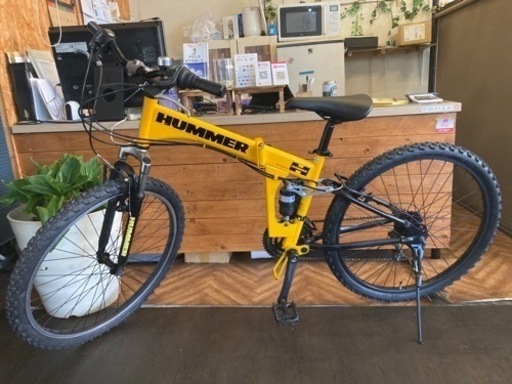 【HUMMER 折りたたみMTB前後タイヤ・チューブ新品！】前後サスペンション付き　3×6速　26インチマウンテンバイク　イエロー
