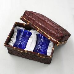 未使用保管品 エクスト 切子グラス 口径6.5×高さ9cm ペア ブルー コースター・収納カゴ付き 札幌市 清田区 平岡の画像