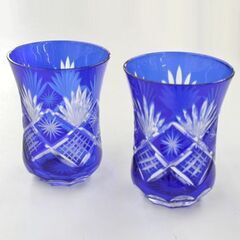 未使用保管品 エクスト 切子グラス 口径6.5×高さ9cm ペア ブルー コースター・収納カゴ付き 札幌市 清田区 平岡の画像