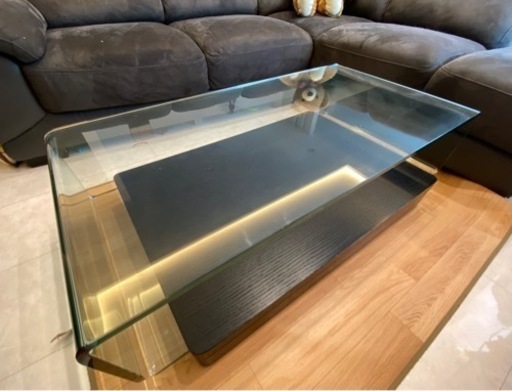 【最終値下げ】センターテーブル 高級 ガラステーブル ガラス製 全面ガラス ローテーブル 110cm クリアガラス ブラック オーク 突板