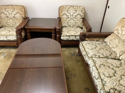 カリモク 金華山 応接セット5点　3人掛けソファ脚つ 1人掛け×2脚 センターテーブル　小机 アンティーク レトロ