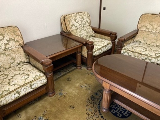 カリモク 金華山 応接セット5点　3人掛けソファ脚つ 1人掛け×2脚 センターテーブル　小机 アンティーク レトロ