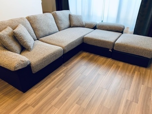 カウチソファー ３人掛け 未使用替えカバー付き ブラウン グレーブラック　L字