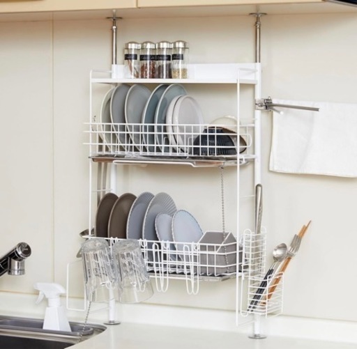 【最終値下】LOWYA ロウヤ 突っ張り 水切りラック キッチン ステンレス 幅45.5cm 3段 日本製 デラックス ホワイト