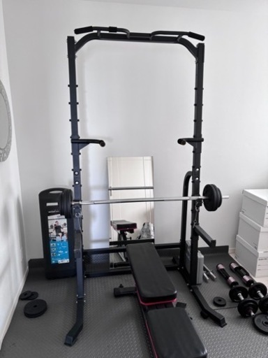 【急募】【ホームジム一式】パワーラック、トレーニングベンチ、ベンチバー　重り50kg ダンベルバー