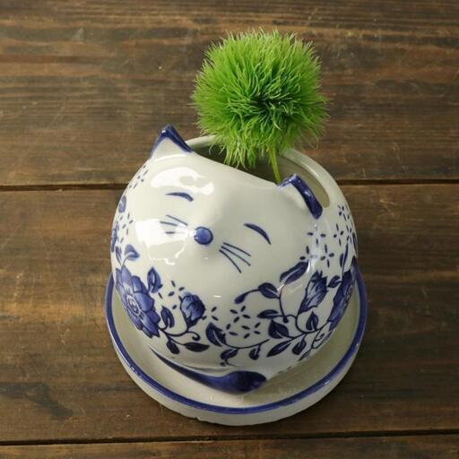 陶器製 植木鉢 皿付き 染付 ネコ 猫 おしゃれ プランター ガーデン ガーデニング 植物