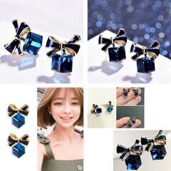 ブルーリボンクリスタルキューブピアス（新品）の画像