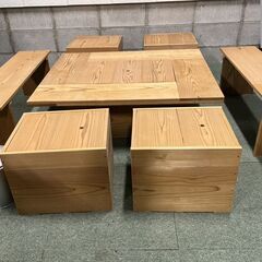 木製 杉 囲炉裏風 テーブル 椅子4脚 ベンチシート2台 炭火コ...