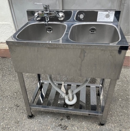 業務用 美品 アズマ製 美品 混合水栓 蛇口付き 2槽シンク 幅750×奥450×高さ800+85(mm) バックガード付き 二層シンク 二層 2層 二槽 大阪