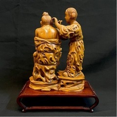 【超希少】 中国美術 高級天然木彫刻 木彫り 置物 耳掻き 夫婦 翁 縁起物 一刀彫 花梨 黒檀 唐木 紫檀の画像