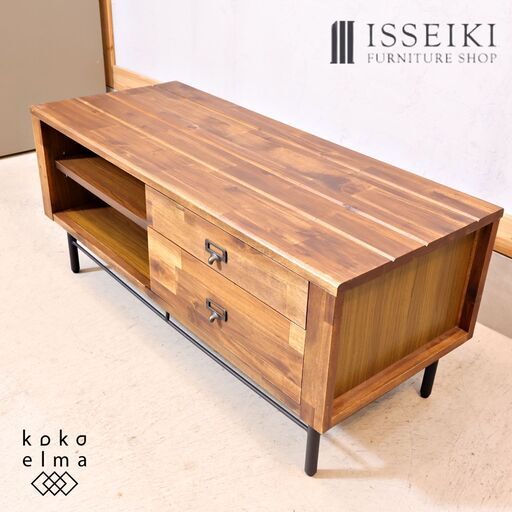 ISSEIKI(一生紀) LITTLE(リトル)シリーズのアカシア無垢材×アイアン テレビボード。ビンテージ感のあるカッコいい雰囲気はブルックリンスタイルなど男前インテリアにおススメのローボード。