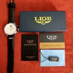 LIGE　高級ブランド　メンズ腕時計　クロノグラフ　防水　発光　シルバーの画像