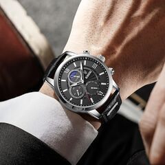 LIGE　高級ブランド　メンズ腕時計　クロノグラフ　防水　発光　シルバーブラックの画像