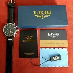LIGE　高級ブランド　メンズ腕時計　クロノグラフ　防水　発光　シルバーブラックの画像