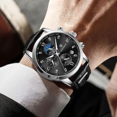 LIGE DESIGN　メンズ腕時計　シルバーブラック　防水　ク...
