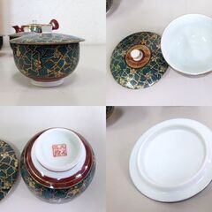 保管品 九谷焼 仙龍 青粒鉄仙茶器揃 汲出 急須 蓋付湯呑み 金彩 茶器6点セット 共箱あり 札幌市 屯田店の画像