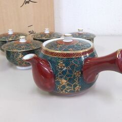 保管品 九谷焼 仙龍 青粒鉄仙茶器揃 汲出 急須 蓋付湯呑み 金彩 茶器6点セット 共箱あり 札幌市 屯田店の画像