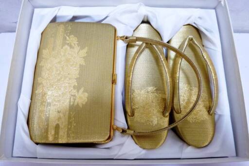 正絹佐賀錦　高級草履＆バッグセット　2点セット　着物　和装小物　ゴールド系　結婚式やパーティなどに　お祝いの席