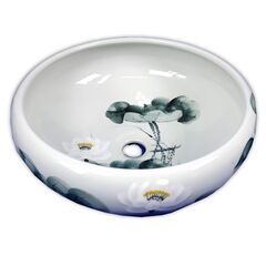 中華風水墨画魚の池絵柄つき円形カラー洗面ボウル 　SL37J0　...