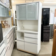 【超美品‼️】定価228,800円♪ 松田家具 100cm幅キッチンボード(コンパス1000レンジ) 食器棚 収納家具 艶あり木目調ホワイト♪