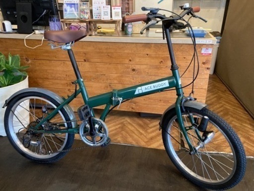 【前後タイヤ・チューブ新品！】6段変速　ダイナモライト付き20インチ折りたたみ自転車　グリーン