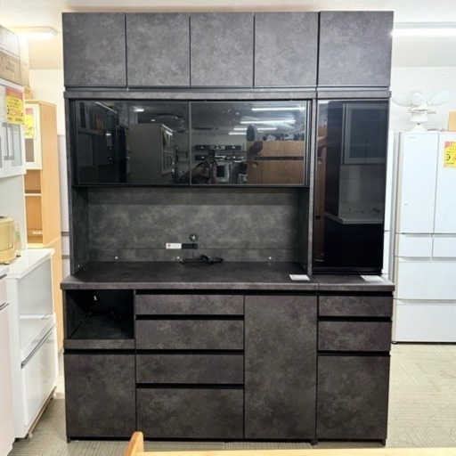 【超美品‼️】総額380,199円♪ 最高級 パモウナ 180cm幅キッチンボード 食器棚 収納家具 マーブル柄ブラック♪