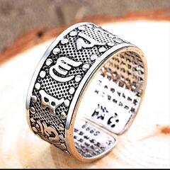 j→→→m40-3★フリーサイズ マントラ文字彫刻 般若心境プラチナ仕上925シルバーリング誕生日プレゼント旅行連休夏祭ギフト国内発送の画像