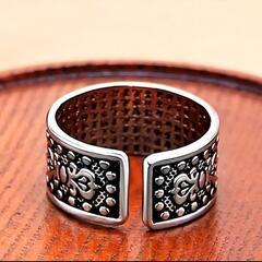 j→→→m40-3★フリーサイズ マントラ文字彫刻 般若心境プラチナ仕上925シルバーリング誕生日プレゼント旅行連休夏祭ギフト国内発送の画像