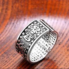 j→→→m40-3★フリーサイズ マントラ文字彫刻 般若心境プラチナ仕上925シルバーリング誕生日プレゼント旅行連休夏祭ギフト国内発送の画像