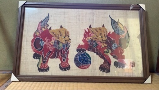 琉球びんかた(琉球紅型 型絵染)シーサー 染色 布地 額装
