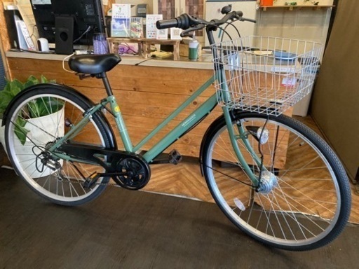 【後輪タイヤ・後輪チューブ新品！】 LEDオートライト　6段変速　26インチ自転車　マットペールグリーン