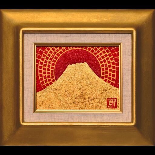 F0号油絵一番ミニチュアな『太陽と黄金富士山』がんどうあつし絵画純金箔コラージュ