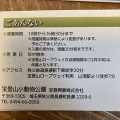 宝登山小動物公園特別入園券2025年7月1日から2026年6月30日までの画像